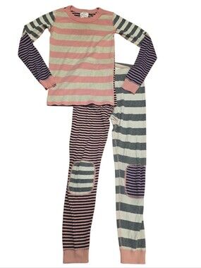 Hanna Andersson Pink Heather Multi Color Striped Long John Pajama Set 140